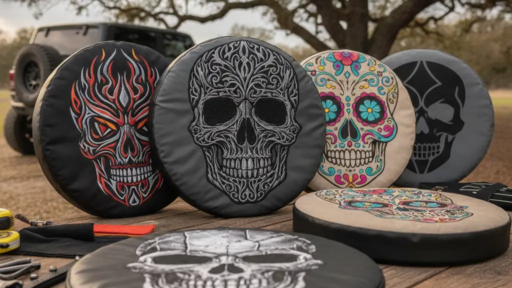Assorted skull spare tire covers showing sugar skull, punisher, biohazard, and gothic design styles on Jeep and SUV spare tires