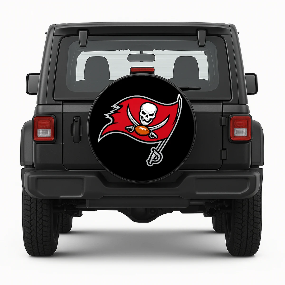 Tampa Bay Buccaneers Spare Tire Cover - front view on vehicle